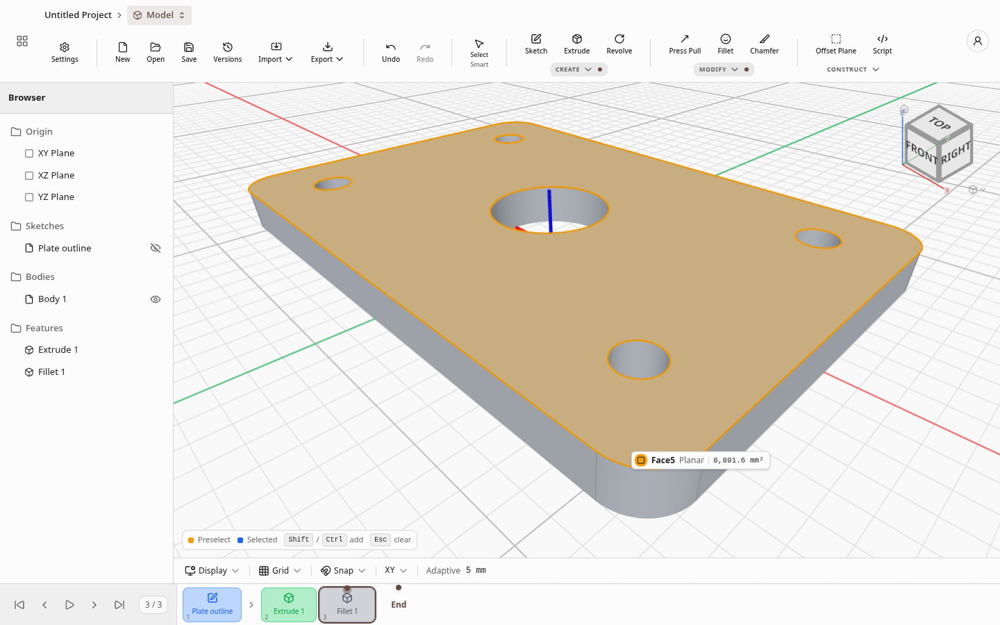 The Takumion editor showing a mounting plate with four bolt holes, a centre bore and rounded corners; the hover chip reads Face5, Planar, 8,891.6 mm²