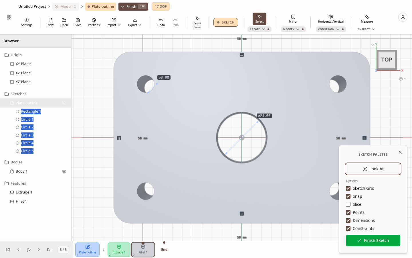 Sketch mode: the plate outline from the top, with ⌀24 and ⌀8 dimensions, a 17 DOF counter and the Sketch Palette